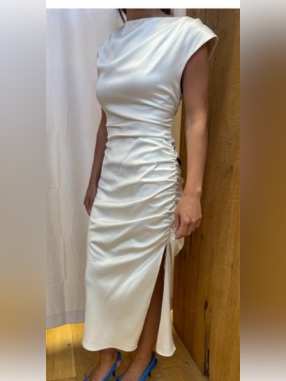 BHLDN Anthropologie Women’s Francesca High Neck Stretch Satin White Midi Dress